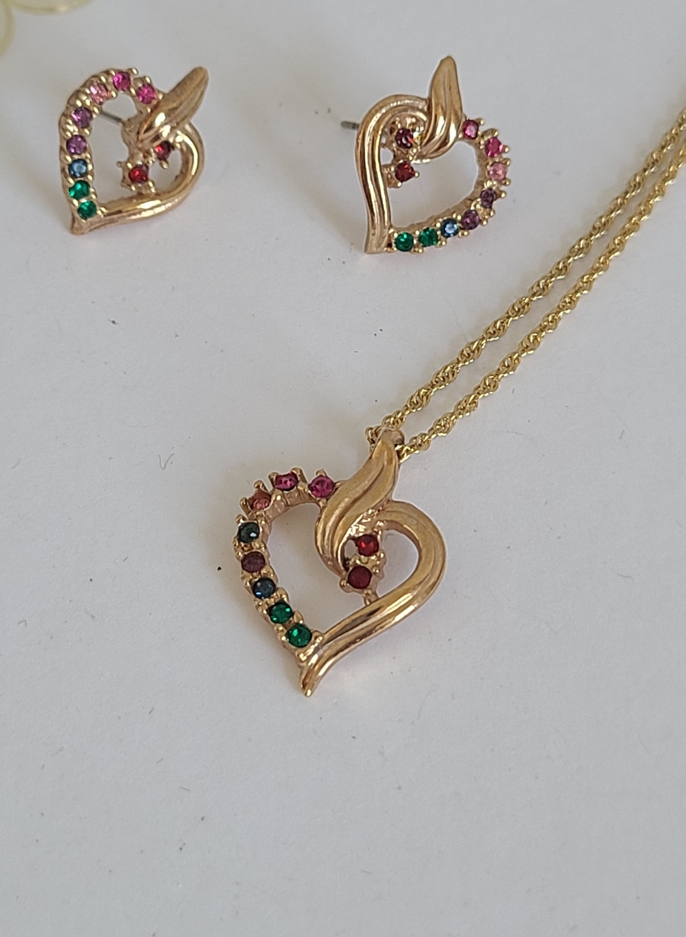 Vintage Gold Plated Multi Coloured Rainbow CZ Crystal Heart Necklace Earrings